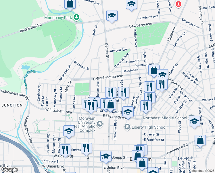 map of restaurants, bars, coffee shops, grocery stores, and more near 1523 Center Street in Bethlehem