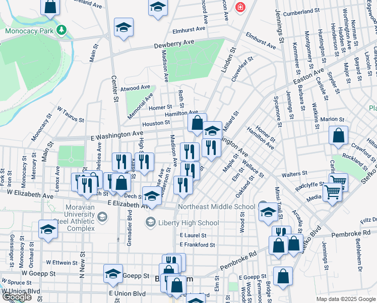 map of restaurants, bars, coffee shops, grocery stores, and more near 1444 Woodlawn Avenue in Bethlehem