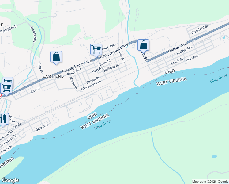 map of restaurants, bars, coffee shops, grocery stores, and more near 1600 Ohio Avenue in East Liverpool