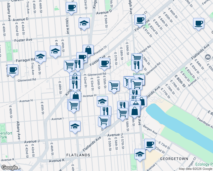 map of restaurants, bars, coffee shops, grocery stores, and more near 5519 Avenue H in Brooklyn