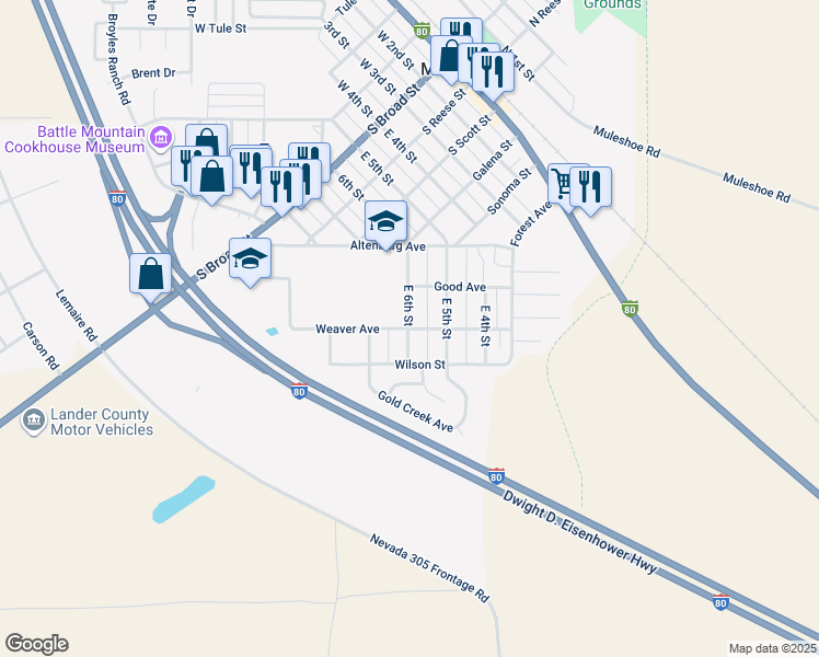 map of restaurants, bars, coffee shops, grocery stores, and more near 425 Weaver Avenue in Battle Mountain