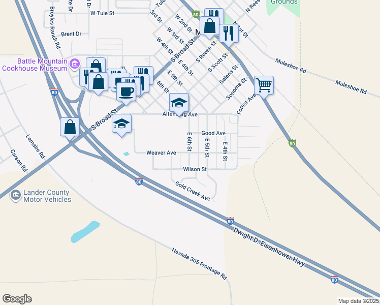 map of restaurants, bars, coffee shops, grocery stores, and more near 425 Weaver Avenue in Battle Mountain
