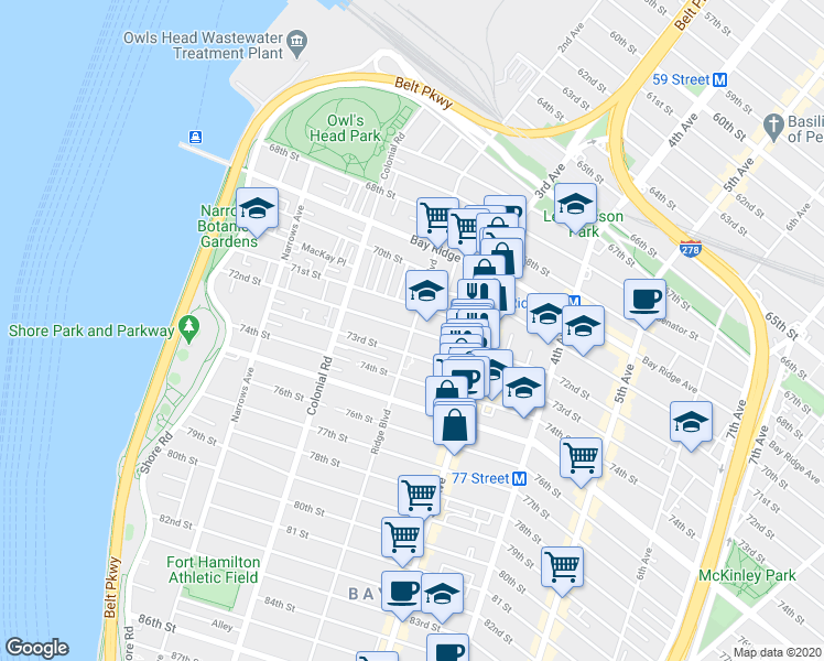map of restaurants, bars, coffee shops, grocery stores, and more near 72nd St & Ridge Blvd in Brooklyn