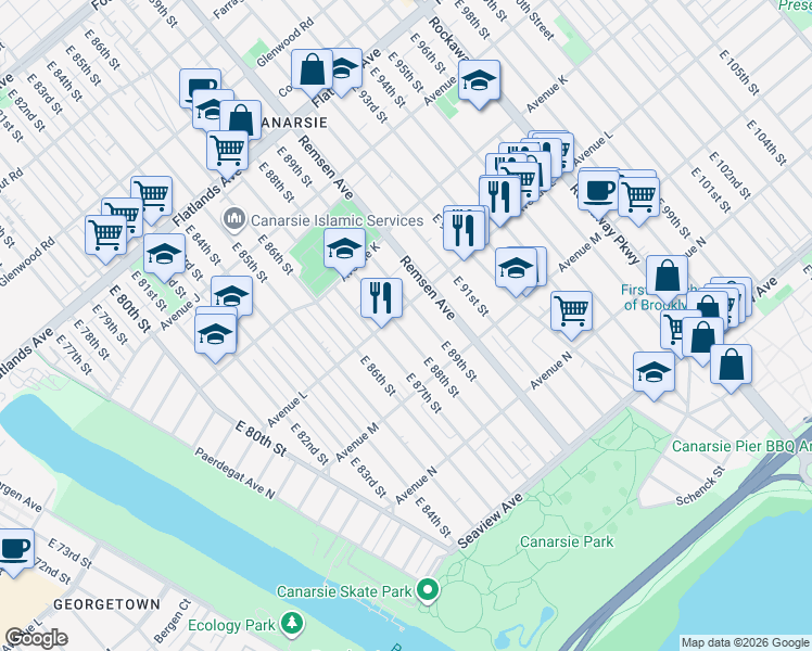 map of restaurants, bars, coffee shops, grocery stores, and more near 1213 East 88th Street in Brooklyn