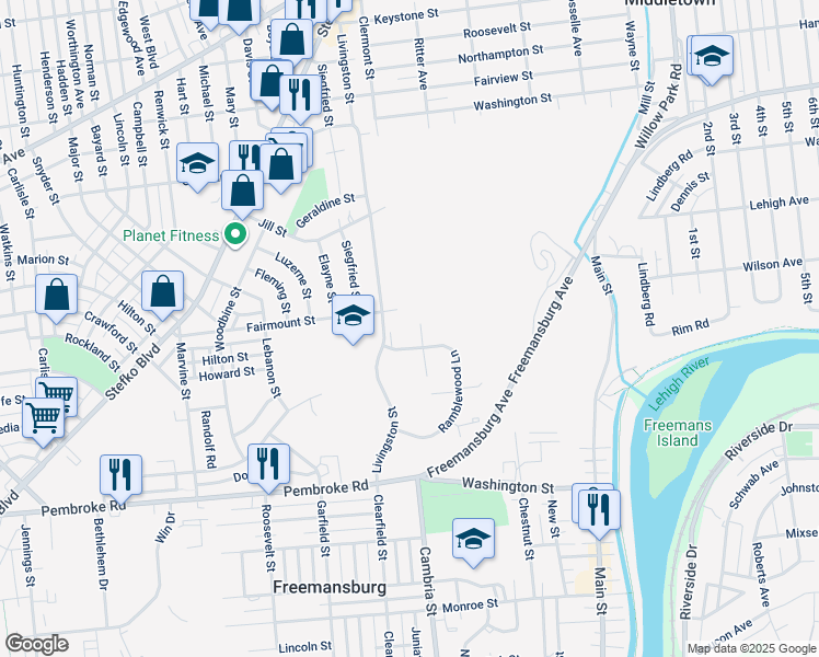 map of restaurants, bars, coffee shops, grocery stores, and more near 710 Bach Court in Freemansburg