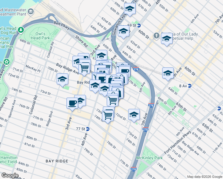 map of restaurants, bars, coffee shops, grocery stores, and more near 466 Bay Ridge Avenue in Brooklyn