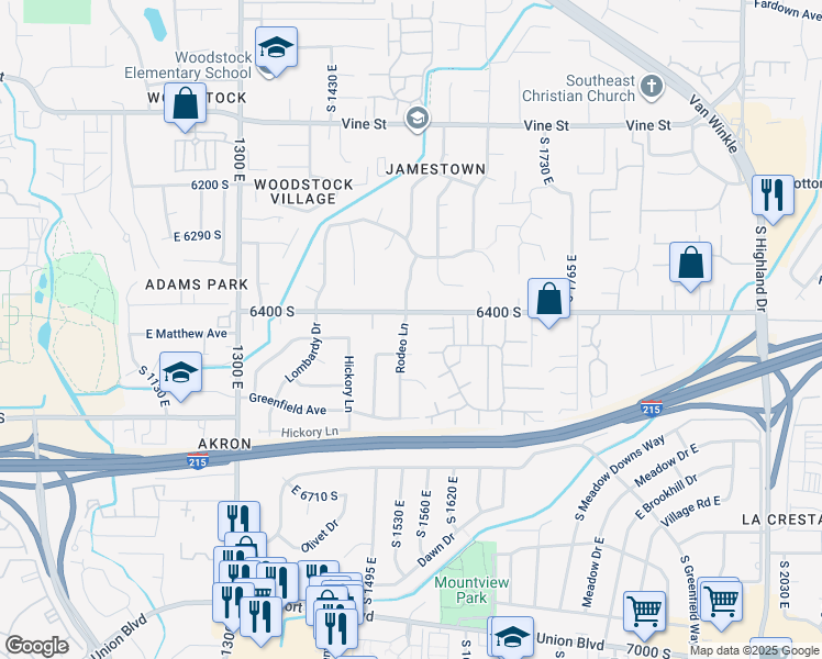 map of restaurants, bars, coffee shops, grocery stores, and more near 6427 Rodeo Lane in Murray
