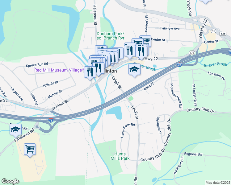 map of restaurants, bars, coffee shops, grocery stores, and more near 9 Riverside Drive in Clinton