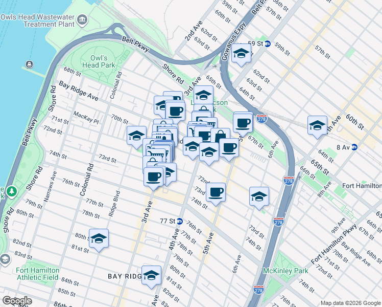 map of restaurants, bars, coffee shops, grocery stores, and more near 7112 Bennet Court in Brooklyn
