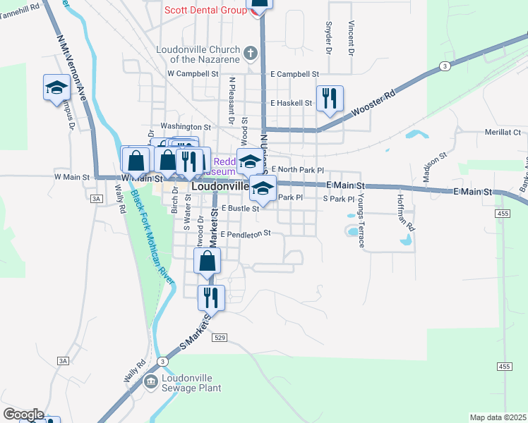 map of restaurants, bars, coffee shops, grocery stores, and more near 224 East Bustle Street in Loudonville