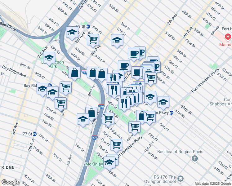 map of restaurants, bars, coffee shops, grocery stores, and more near 714 65th Street in Brooklyn
