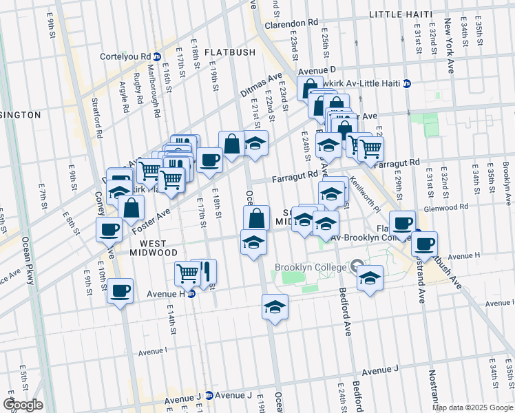 map of restaurants, bars, coffee shops, grocery stores, and more near 1155 Ocean Avenue in Brooklyn