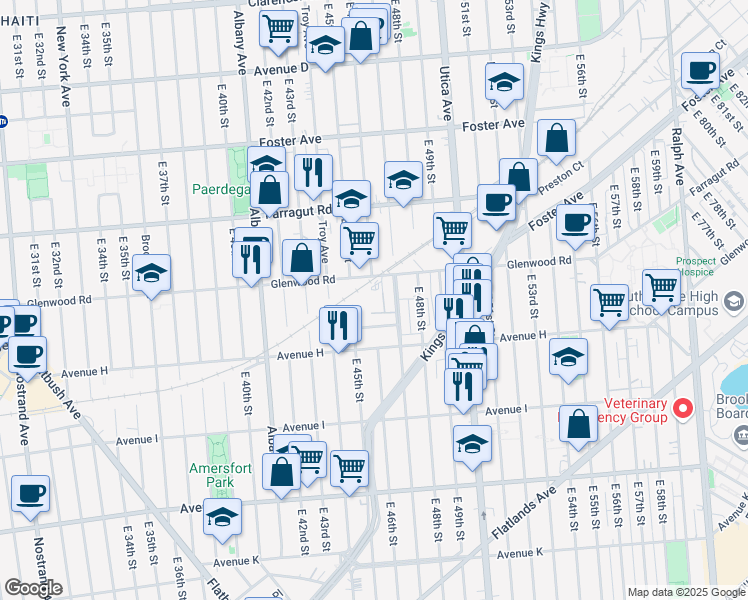 map of restaurants, bars, coffee shops, grocery stores, and more near 1095 East 45th Street in Brooklyn