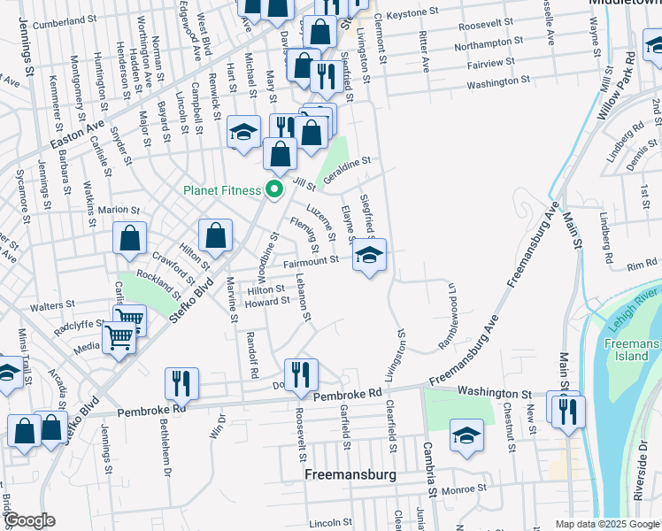map of restaurants, bars, coffee shops, grocery stores, and more near 1440 Fairmount Street in Bethlehem