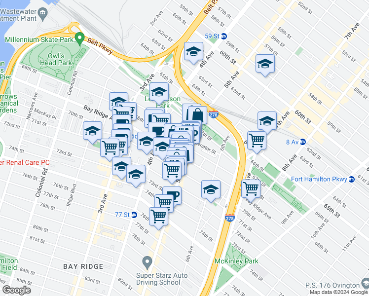 map of restaurants, bars, coffee shops, grocery stores, and more near 6802 5th Avenue in Brooklyn