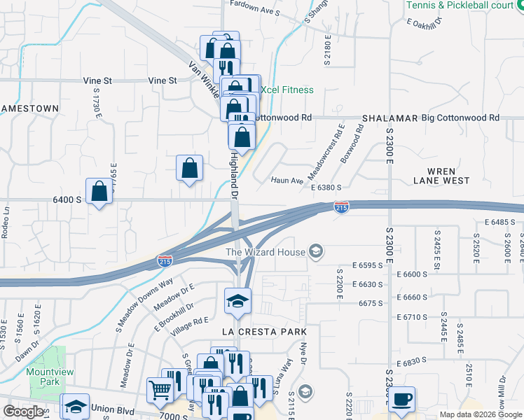 map of restaurants, bars, coffee shops, grocery stores, and more near 2054 East 6425 South in Holladay