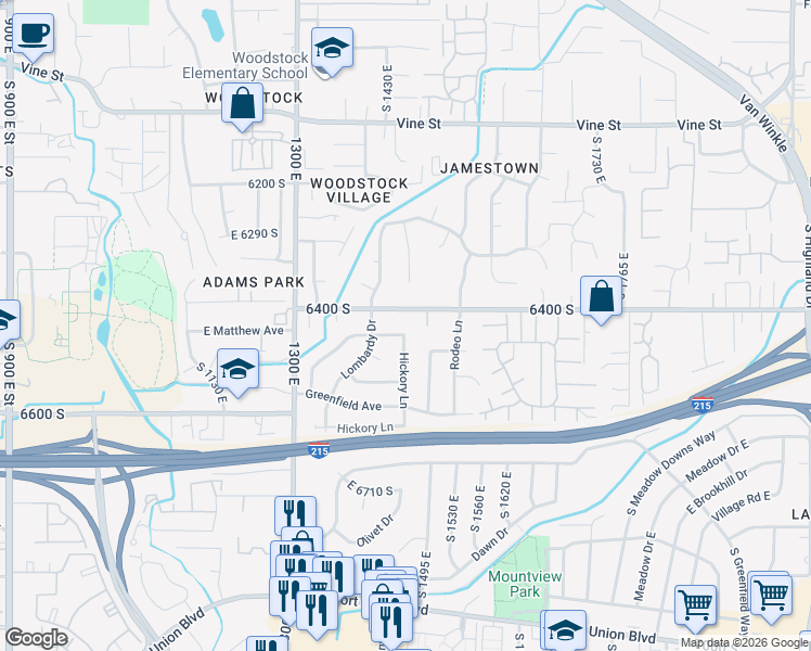 map of restaurants, bars, coffee shops, grocery stores, and more near 6470 Hickory Lane in Murray