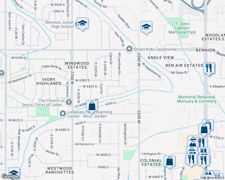 map of restaurants, bars, coffee shops, grocery stores, and more near 2413 South Ledgewood Drive in West Jordan