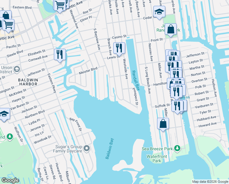 map of restaurants, bars, coffee shops, grocery stores, and more near 728 South Bayview Avenue in Freeport