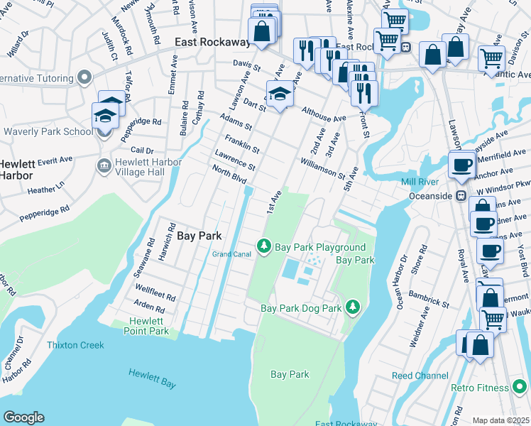 map of restaurants, bars, coffee shops, grocery stores, and more near 9 Martin Street West in East Rockaway