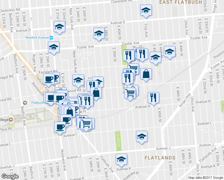 map of restaurants, bars, coffee shops, grocery stores, and more near 960 East 39th Street in Brooklyn