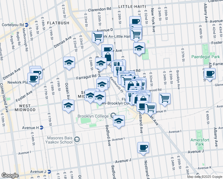 map of restaurants, bars, coffee shops, grocery stores, and more near 2620 Glenwood Road in Brooklyn