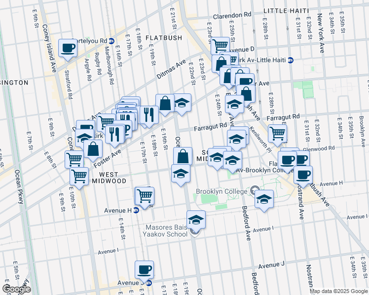 map of restaurants, bars, coffee shops, grocery stores, and more near 1191 Ocean Avenue in Brooklyn
