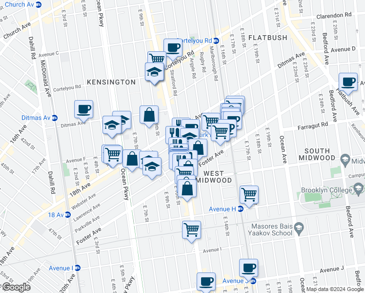 map of restaurants, bars, coffee shops, grocery stores, and more near 1002 Newkirk Avenue in Brooklyn