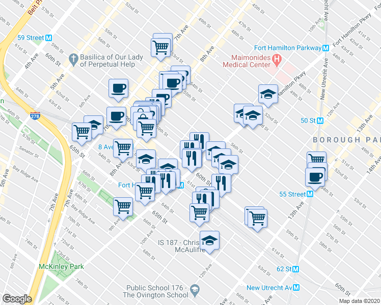 map of restaurants, bars, coffee shops, grocery stores, and more near 5912 Fort Hamilton Parkway in Brooklyn