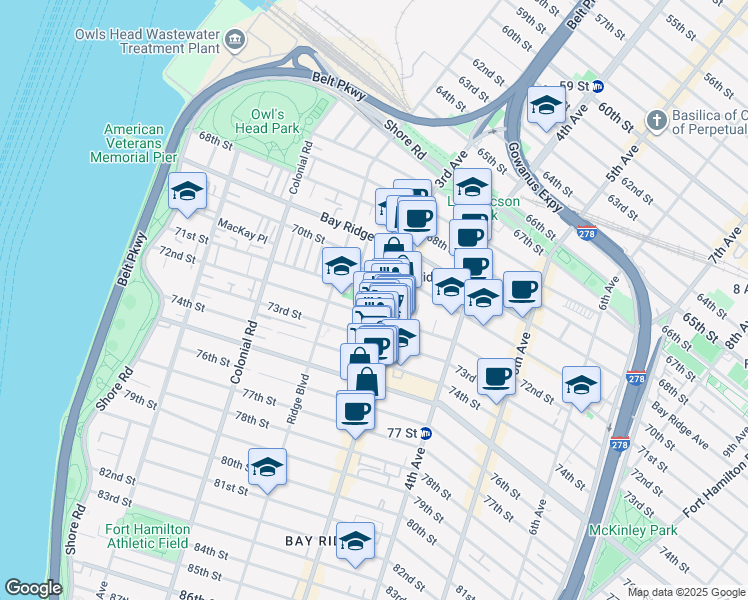 map of restaurants, bars, coffee shops, grocery stores, and more near 256 72nd Street in Brooklyn