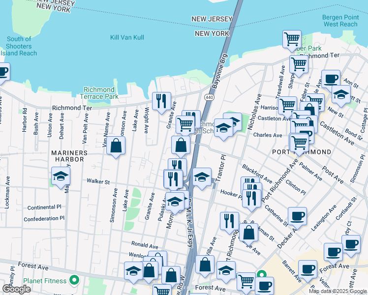 map of restaurants, bars, coffee shops, grocery stores, and more near 184 Morningstar Road in Staten Island