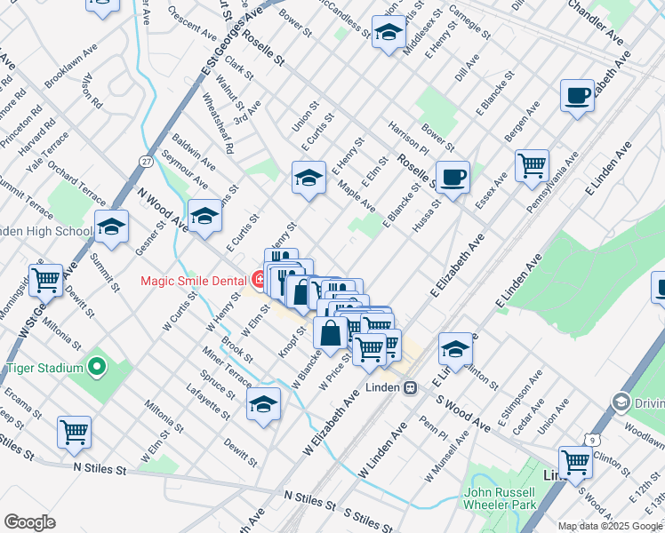 map of restaurants, bars, coffee shops, grocery stores, and more near 101 East Blancke Street in Linden