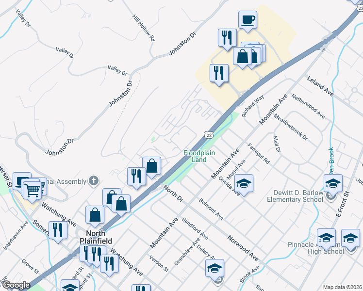 map of restaurants, bars, coffee shops, grocery stores, and more near 411 U.S. 22 in Plainfield