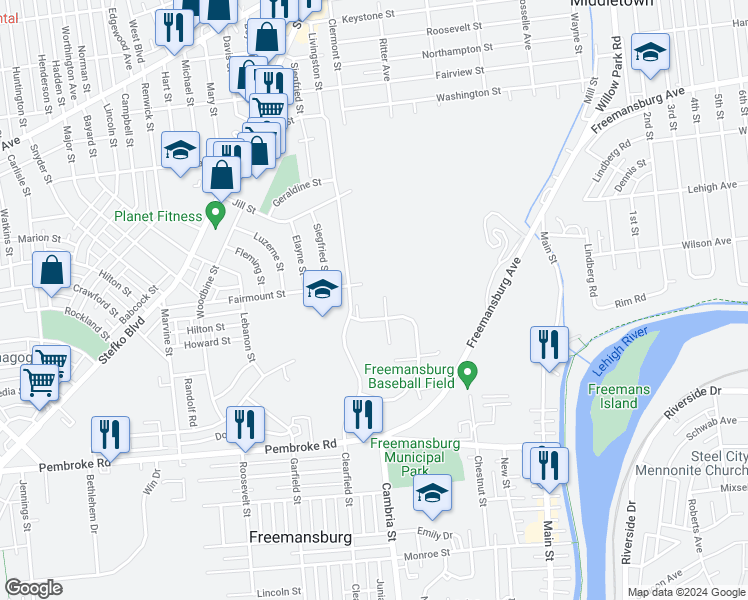 map of restaurants, bars, coffee shops, grocery stores, and more near 710 Bach Court in Freemansburg