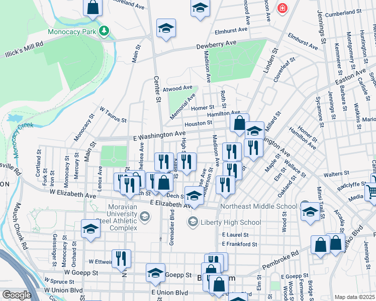 map of restaurants, bars, coffee shops, grocery stores, and more near 1522 High Street in Bethlehem