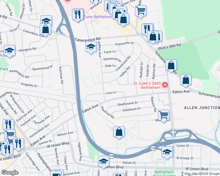 map of restaurants, bars, coffee shops, grocery stores, and more near 1557 Lois Lane in Bethlehem