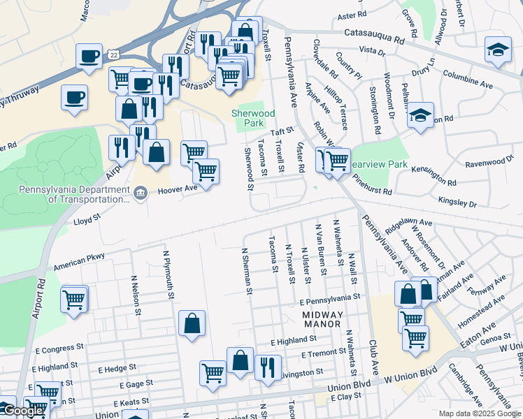 map of restaurants, bars, coffee shops, grocery stores, and more near 2001 East Columbia Street in Allentown