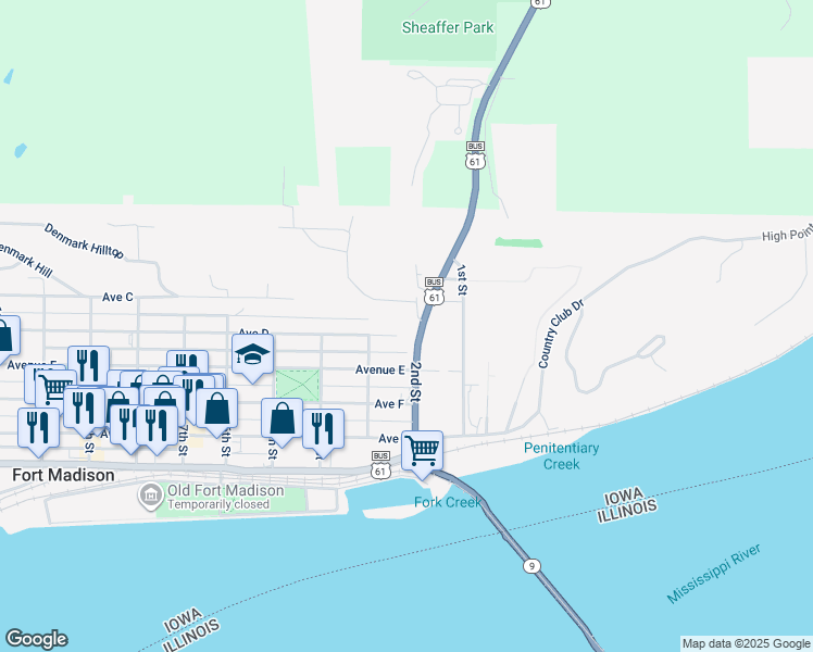map of restaurants, bars, coffee shops, grocery stores, and more near 400-498 2nd St in Fort Madison