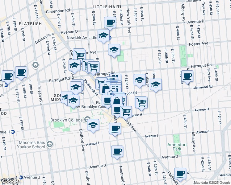 map of restaurants, bars, coffee shops, grocery stores, and more near 3003 Glenwood Road in Brooklyn