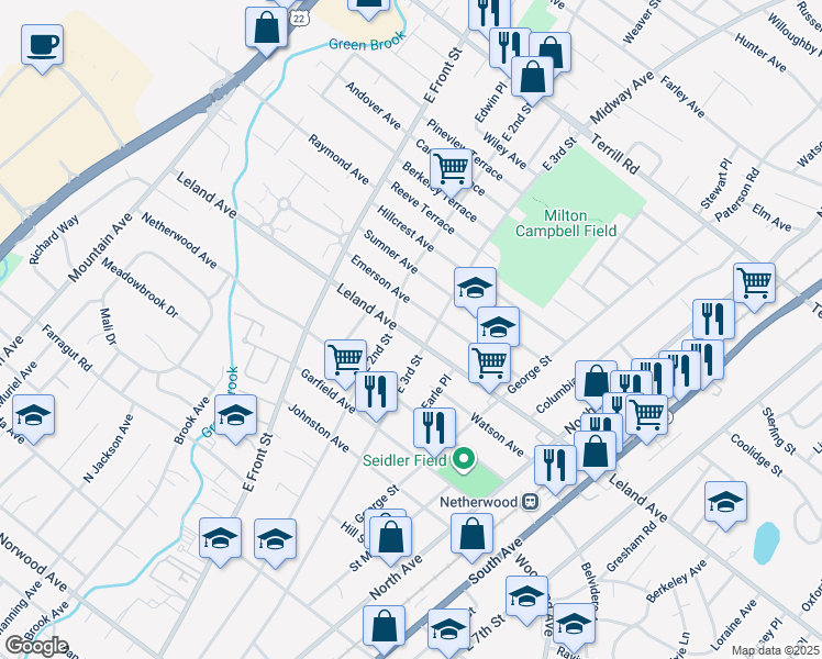 map of restaurants, bars, coffee shops, grocery stores, and more near 211 Leland Avenue in Plainfield