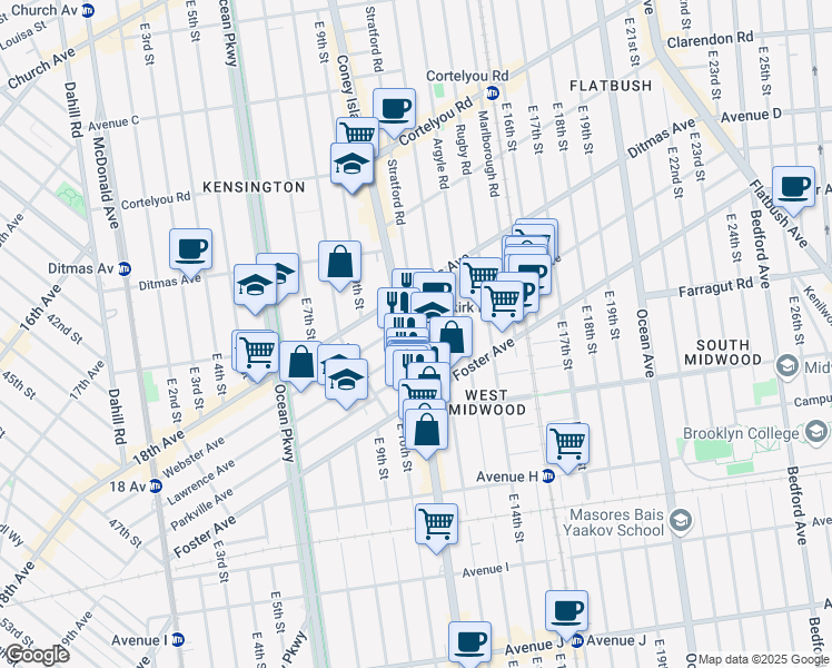 map of restaurants, bars, coffee shops, grocery stores, and more near 957 Coney Island Avenue in Brooklyn
