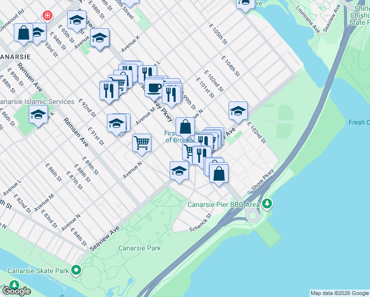 map of restaurants, bars, coffee shops, grocery stores, and more near 1631 East 95th Street in Brooklyn