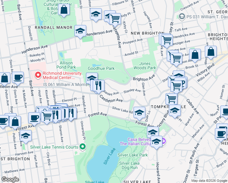 map of restaurants, bars, coffee shops, grocery stores, and more near 387 Castleton Avenue in Staten Island