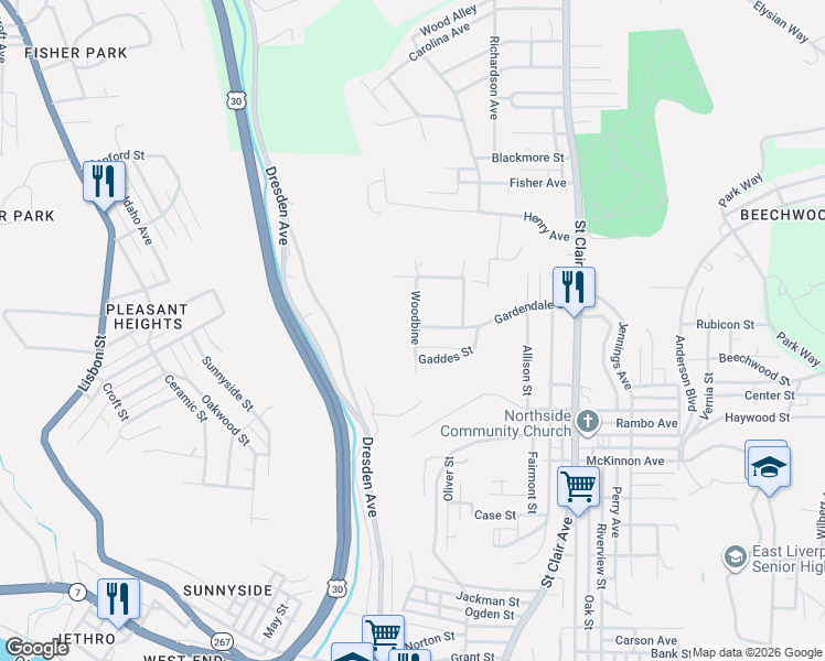 map of restaurants, bars, coffee shops, grocery stores, and more near 1760 Woodbine in East Liverpool
