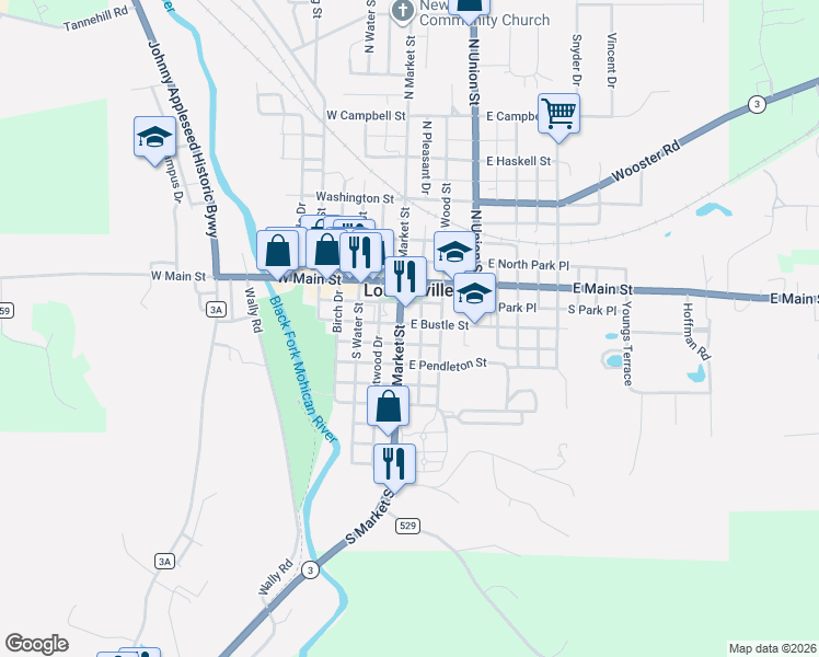 map of restaurants, bars, coffee shops, grocery stores, and more near 221 Ohio 3 in Loudonville