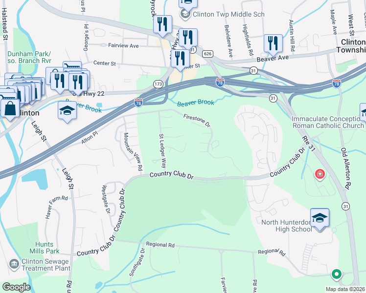 map of restaurants, bars, coffee shops, grocery stores, and more near 16 Spring Brook Drive in Hunterdon County