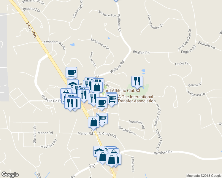 map of restaurants, bars, coffee shops, grocery stores, and more near 302 Village Place in Wexford