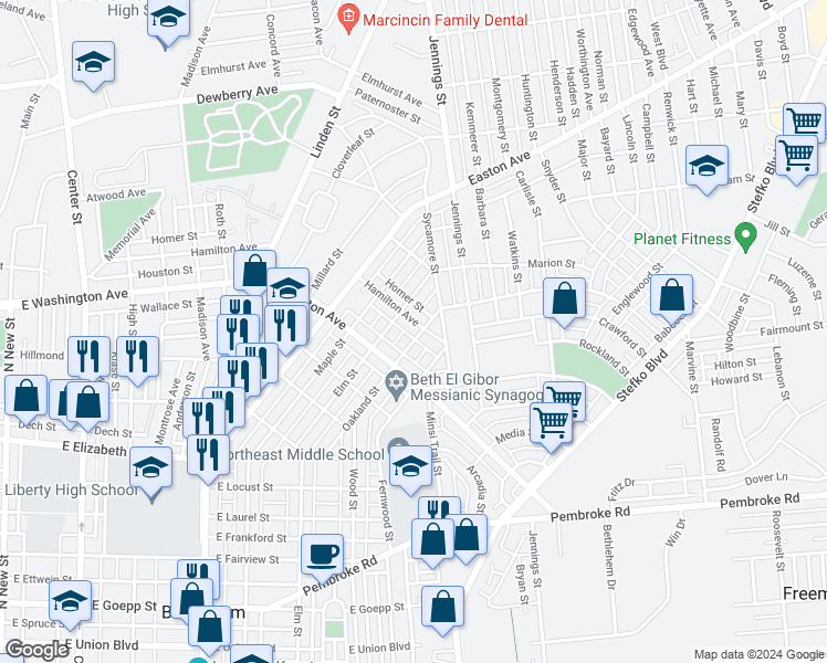 map of restaurants, bars, coffee shops, grocery stores, and more near 1643 Oakland Street in Bethlehem