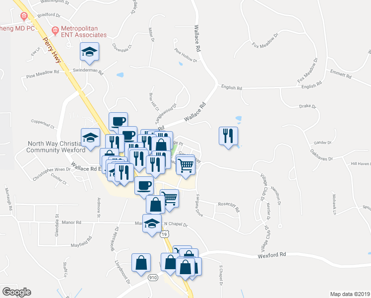 map of restaurants, bars, coffee shops, grocery stores, and more near 304 Village Place in Wexford