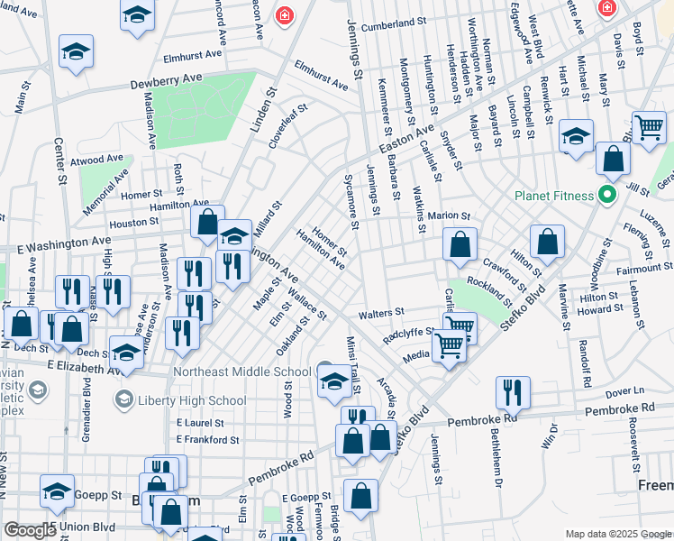 map of restaurants, bars, coffee shops, grocery stores, and more near 1643 Oakland Street in Bethlehem